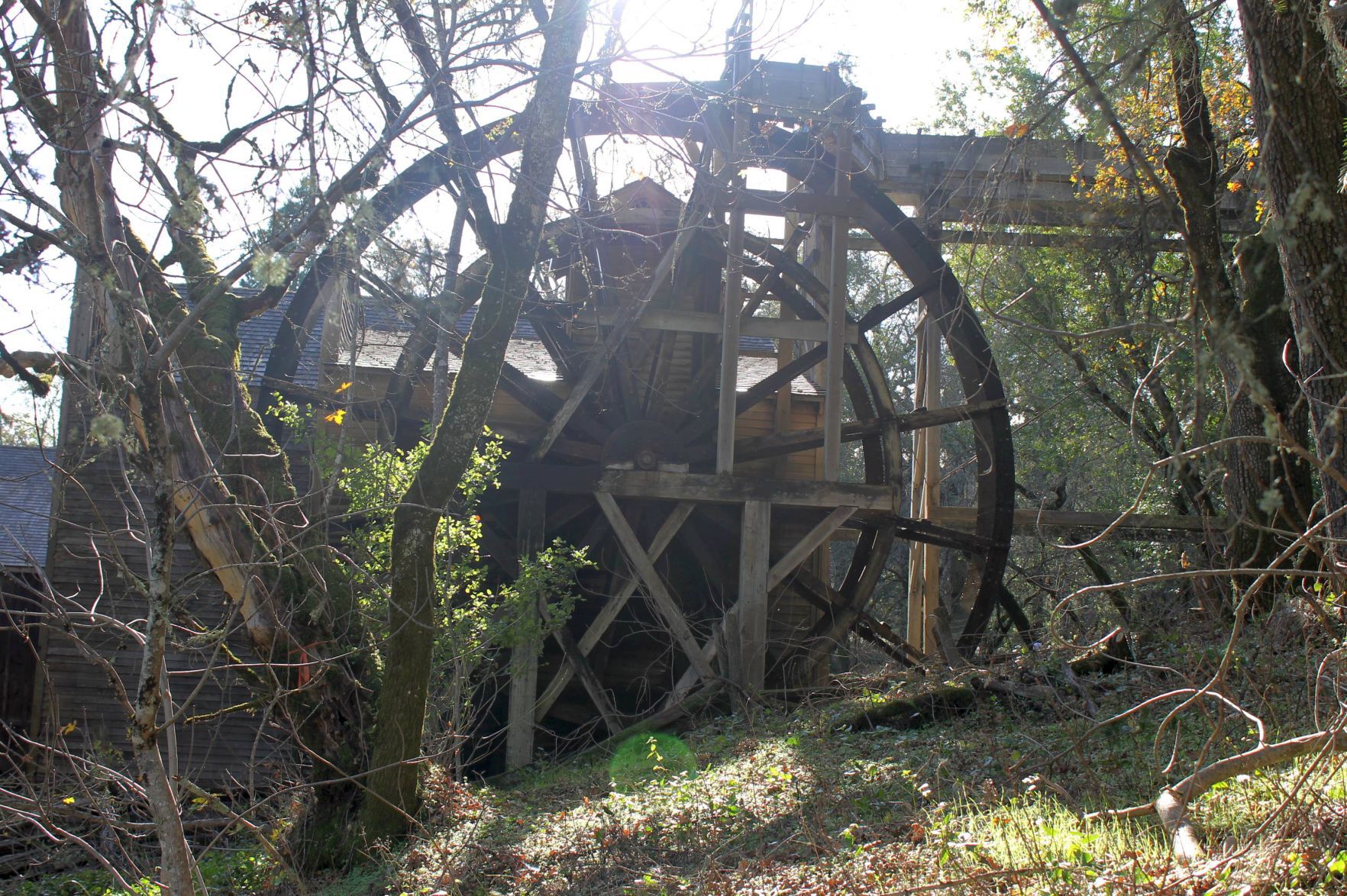The 36-foot overshot wheel of the Bale Grist Mill